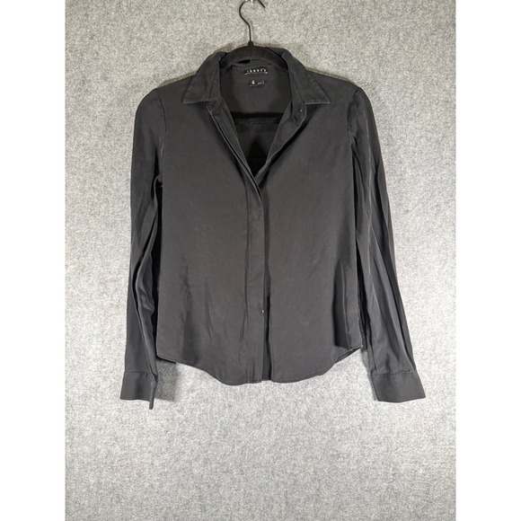 Theory Womens Size P Black Silk Stretch Button Down Shirt Long Sleeve Blouse - Picture 2 of 8
